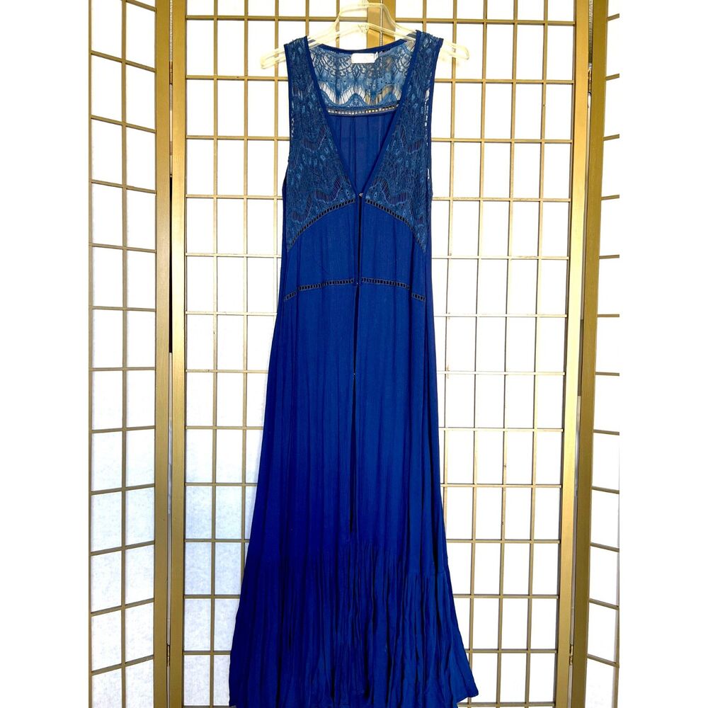 Free People deep blue sleeveless Open-Front Maxi Dress/Vest with lace detail